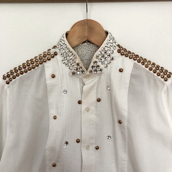 Cowgirl Fancy Western white button down blouse shirt Gold Embellishment Studs - Picture 4 of 15